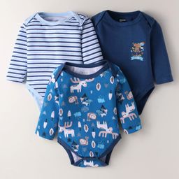 OHMS Single Jersey Knit Full Sleeves Striped & Animal Printed Onesies Pack of 3 - Navy Blue & White-image-75