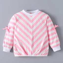 Kookie Kids Cotton Knit Full Sleeves Striped Sweatshirt with Bow Applique - Pink & White-picture-2