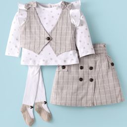 ToffyHouse Interlock Woven Full Sleeves Floral Printed Top & Skirt Set With Waistcoat & Stockings - Beige-image-77