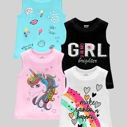 KUCHIPOO Pack Of 4 Sleeveless Unicorn & Rainbow Printed Cotton T Shirts - Multi Colour-image-59