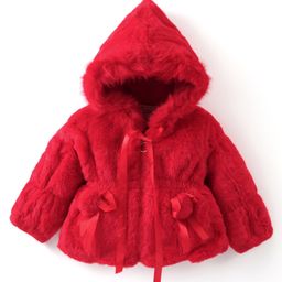 Babyhug Fur Woven Full Sleeves Hooded Winter Jacket With Pom Pom Applique - Red-picture-16