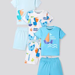 Bonfino Cotton Knit Half Sleeves T-Shirts & Short Night Suits with Nautical Theme Print Pack of 3 - Light Blue & White-picture-29