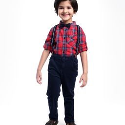 Babyhug Cotton Woven Full Sleeves Checkered Shirt with Jeans Bow & Suspender - Red & Blue-picture-13