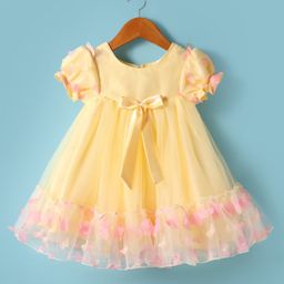 Babyhug Woven Half Puffed Sleeves Fit & Flared Party Dress with 3D Butterfly Applique & Bow Detailing - Yellow-picture-19