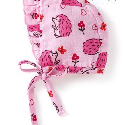 Babyoye Cotton Woven Animal Print Cap With Knot Pink - Diameter 10.5 cm-20