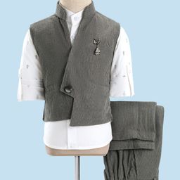 Rikidoos Full Sleeves Abstract Printed Shirt With Textured Waistcoat & Pant - Grey & White-picture-9