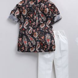 LITTLE COLLARS Silk Full Sleeves Floral Printed Kurta & Pyjama Set - Black-image-7