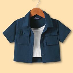 Pine Kids Woven Half Sleeves Solid Color Shirt Style Top with Inner Slip - Navy Blue-image-34
