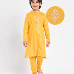 EARTHY TOUCH Single Jersey Full Sleeves Kurta Pyjama Set with Foil Print Design - Yellow-image-30