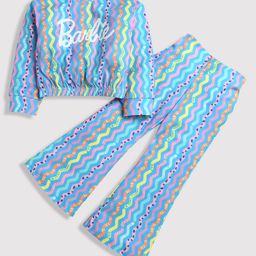 Barbie by Tiny Girl Mattel Featuring Full Sleeves Abstract & Barbie Logo Printed Top With Coordinating Bootcut Pant - Blue-image-74