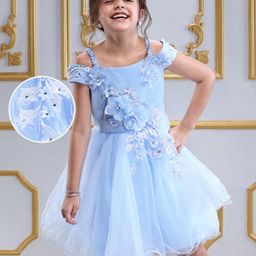 Mark & Mia Woven Cold Shoulder Sleeves Party Dress With Floral Embroidery & Applique - Light Blue-image-22