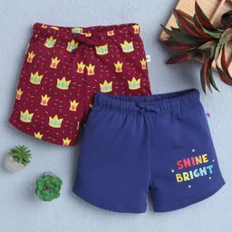 BUMZEE Cotton Knit Above Knee Length Shorts With Crown & Text Print Pack Of 2 - Navy Blue & Maroon-image-8