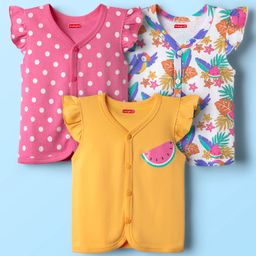 Babyhug 100% Cotton Knit Frill Sleeves Front Open Vests with Tropical Theme & Polka Dots Print Pack of 3 - Pink Yellow & White-image-98