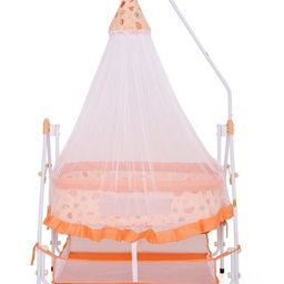 Infanto Comfy Cradle Palna Bed Jhula Baby Bedding Deluxe Swing with Storage Basket Ball Bearing Swing Lock and Sturdy Frame 0 to 12 Months ORANGE-23