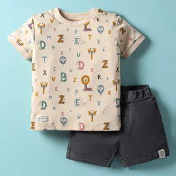 Ollypop Interlock Knit Half Sleeves T-Shirt and Shorts Set With Animal Print - Cream & Dark Grey-image-82