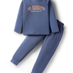 Evimo Single Jersey Knit Full Sleeves T-Shirt & Lounge Pant Set with Text Print - Navy Blue-image-43