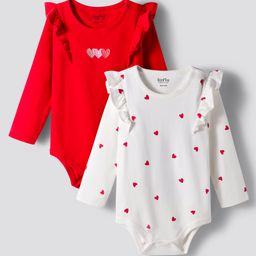 Bonfino 100% Cotton Knit Full Sleeves Onesies with Frill Detailing & Heart Embroidery & Print Pack of 2 - White & Red-picture-36