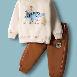 Teddy Fleece Knit Full Sleeves Winter Wear Suit Set With Dino Print - Cream & Brown-picture-9