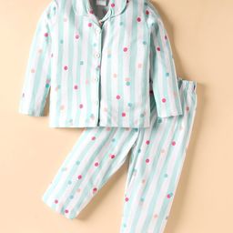 Ollypop Sinker Knit Full Sleeves Co-Ord Night Suit with Stripe & Polka Dot Print - Light Blue & White-picture-39