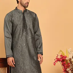 Jompers Floral Embroidered Mandarin Collar Mirror Work Straight Kurta-image-8