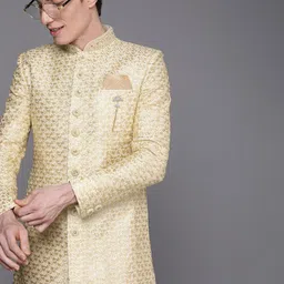 Manyavar Men Beige Embroidered Sherwani and Churidar Set-image-9