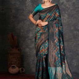 Satrani Blue & Grey Silk Woven Saree With Unstitched Blouse-image-40