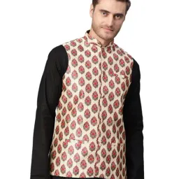Sojanya Beige & Red Floral Print Nehru Jacket-41