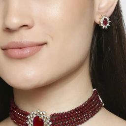 OOMPH Maroon Beads Multi Layer Ethnic Choker Necklace Set for Women-16
