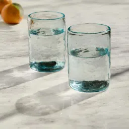 Ellementry 'Quoise' Blue & Transparent Glass Cylindrical-Shaped 7.5 cm Tumbler (0.25 L) - Set of 2-picture-45