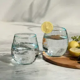 Ellementry 'Quoise' Blue & Transparent Glass Round-Shaped 9 cm Tumbler (0.35 L) - Set of 2-11