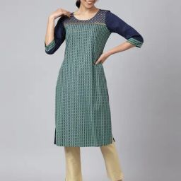 Aurelia Women Blue Festive Geometric Print Rayon Kurta-image-96