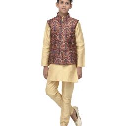 Benstoke Kids Gold & Maroon Printed Full Sleeves Kurta Set-image-63