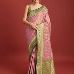 Monjolika Fashion Rose Pink Woven Saree With Blouse-image-9