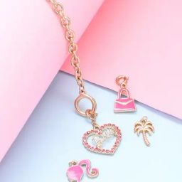 ToniQ Barbie Pink Enamel Heart Tree & Purse Charm Link Flexible fit Bracelet for Women - Set of 4-40