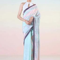 navyasa by liva Blue Printed Saree With Unstitched Blouse-picture-26