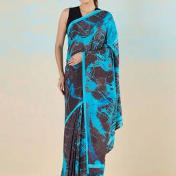 navyasa by liva Blue & Black Printed Saree With Unstitched Blouse-image-54