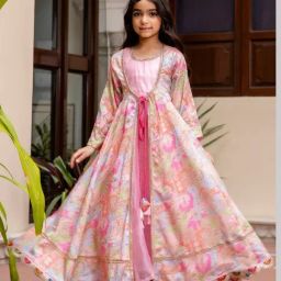 Cutiediva Girls Pink Floral Print Kurta & Shrug Set-image-21