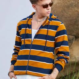 Campus Sutra Yellow & Blue Cotton Regular Fit Striped Hooded Sweatshirt-picture-12