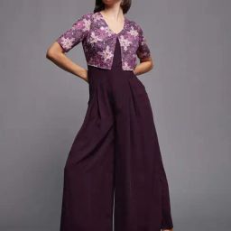 Miss Chase Dark Purple V Neck Half Sleeve Pleated Polyester Regular Length Jumpsuit-image-84