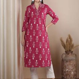 Fashor Pink Pure Cotton Printed Three-Quarter Sleeves Kurta-image-30