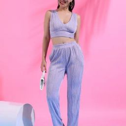 Campus Sutra Purple Textured Crop Top Pant Set-image-94