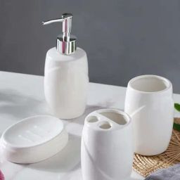 Nestasia White Ceramic 4pc Bathroom Set of 1 Dispenser, 1 Toothbrush Holder, 1 Tumbler & 1 Soap Dish-image-31
