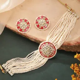 Aatmana Green & Pink Minimal Meenakari Work Floral Multistrand Necklace & Earring Set-picture-38