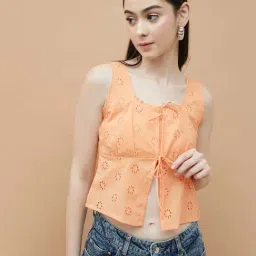 Ginger By Lifestyle Light Orange Cotton Regular Fit Embroidered Top-picture-4