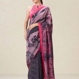 navyasa by liva Purple & Black Printed Saree With Unstitched Blouse-image-49