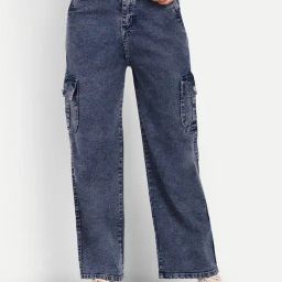 Broadstar Blue Denim Relaxed Fit High Rise Cargo Jeans-picture-10