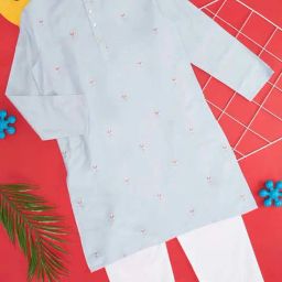 Indus Route by Pantaloons Kids Powder Blue & White Embroidered Full Sleeves Kurta Set-image-42