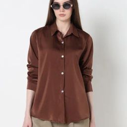 Showoff Coffee Brown Satin Relaxed Fit Shirt-image-67