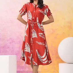 KALINI Women Rust Printed Silk Fit and Flare Dresses-picture-0