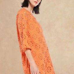 RAREISM Orange Cotton Solid Three-Quarter Sleeves Dress-image-6